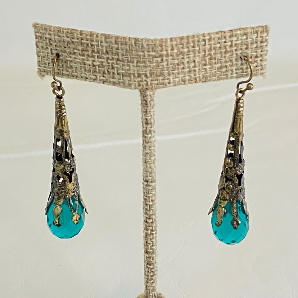 Vintage Style Earrings Teal Crystal Filigree Cone Drop Antique Brass Boho